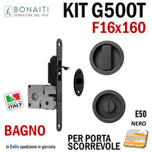 Load image into Gallery viewer, KIT SERRATURA PER PORTA SCORREVOLE BONAITI G500T F16X160 PER BAGNO MONETA X WC LIBERO-OCCUPATO MODELLO CON TIRANTE COMPLETO DI CONTROPIASTRA E MANIGLIE TONDE 4TH21050K7 nero nera matt black in pronta consegna
