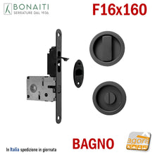 Load image into Gallery viewer, KIT SERRATURA PER PORTA SCORREVOLE BONAITI G500T F16X160 PER BAGNO MONETA X WC LIBERO-OCCUPATO MODELLO CON TIRANTE COMPLETO DI CONTROPIASTRA E MANIGLIE TONDE 4TH21050K7 nero nera matt black offerta
