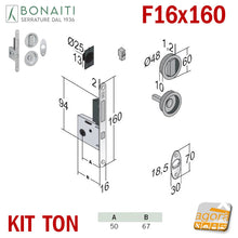 Load image into Gallery viewer, KIT SERRATURA PER PORTA SCORREVOLE BONAITI G500T F16X160 PER BAGNO (MONETA X WC LIBERO/OCCUPATO) MODELLO CON TIRANTE COMPLETO DI CONTROPIASTRA E MANIGLIE TONDE 4TH2105087 cromo satinato satinata TON
