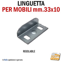 Carica l&#39;immagine nel visualizzatore di Gallery, LINGUETTA L PER MOBILI SERRATURA FERMA ANTA CASSETTO MM.33X10H REGOLABILE REGISTRABILE FISSAGGIO CON VITI BLOCCA ANTA ANTINE ANTE IN METALLO
