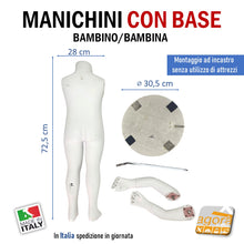 Carica l&#39;immagine nel visualizzatore di Gallery, Manichino bimbo completo con gambe e braccia smontabile stand alone manichini completi con base bimbi torso bimbo bianco base rotonda
