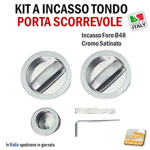 Load image into Gallery viewer, pomolini bassi KIT MANIGLIA PER PORTA SCORREVOLE BOCCHETTA SCRIGNO FORO 48 D57 DOPPIA-LEVA BASSA CR SAT TONDA righel ribassato doppia maniglia a filo con ditale di trascinamento art 82 82SSCS
