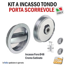 Load image into Gallery viewer, KIT MANIGLIA PER PORTA SCORREVOLE BOCCHETTA SCRIGNO FORO 48 D57 DOPPIA-LEVA BASSA CR SAT TONDA righel ribassato doppia maniglia a filo con ditale di trascinamento art 82 82SSCS
