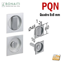 Carica l&#39;immagine nel visualizzatore di Gallery, MANIGLIA INCASSO ROSETTA PER WC BAGNO BONAITI PER PORTA SCORREVOLE SCRIGNO QUADRATO 60x60mm FORO 48mm CROMO SATINATO MODELLO PQN.8 libero occupato moneta per porte
