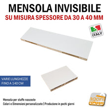 Load image into Gallery viewer, mensola bianca invisibile ripiano casa ufficio arredamento design muro adatta per staffe regolabile su misura  40 mm 30 mm 140 cm
