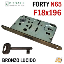 Carica l&#39;immagine nel visualizzatore di Gallery, SERRATURA PER PORTA magnetica BONAITI F18X196 Modello N65 CHIAVE PATENT BRONZO LUCIDO Entrata 50 Interasse 90 anticato bronzata FORTY frontale 196mm 19,6cm
