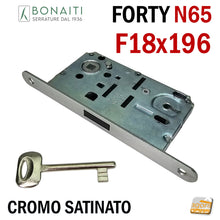 Carica l&#39;immagine nel visualizzatore di Gallery, SERRATURA PER PORTA BONAITI F18X196 Modello N65 CHIAVE PATENT CROMO SATINATO Entrata 50 Interasse 90 CROMATA SATINATA FORTY frontale 196mm 19,6cm LINGUETTA NERA
