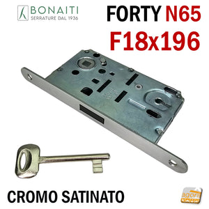 SERRATURA PER PORTA BONAITI F18X196 Modello N65 CHIAVE PATENT CROMO SATINATO Entrata 50 Interasse 90 CROMATA SATINATA FORTY frontale 196mm 19,6cm LINGUETTA NERA