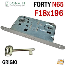 Carica l&#39;immagine nel visualizzatore di Gallery, SERRATURA MAGNETICA PER PORTE BONAITI F18X196 Modello N65 CHIAVE PATENT GRIGIO VERNICIATO Entrata 50 Interasse 90 GRIGIA ARGENTO FORTY frontale 196mm 19,6cm LINGUETTA GRIGIA SCROCCO GRIGIO
