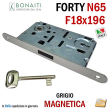 Carica l&#39;immagine nel visualizzatore di Gallery, SERRATURA PER PORTA BONAITI F18X196 Modello N65 CHIAVE PATENT GRIGIO VERNICIATO Entrata 50 Interasse 90 GRIGIA ARGENTO FORTY frontale 196mm 19,6cm LINGUETTA NERA SCROCCO NERO
