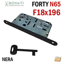 Carica l&#39;immagine nel visualizzatore di Gallery, SERRATURA PORTA INTERNA MAGNETICA BONAITI FORTY N65 FRONTALE 18X196MM F 19,6CM ENTRATA 5CM INTERASSE 9CM PATENT CHIAVE NORMALE SCROCCO CENTRALE 48N65150 NERA NERO OPACO SERRATURE PORTE DOOR LOCK
