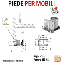 Carica l&#39;immagine nel visualizzatore di Gallery, Piedino livellatore laterale per mobili fissaggio alla spalla 300 Camar - Escursione 20mm Portata 150kg originale
