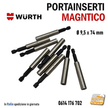 Load image into Gallery viewer, PORTAINSERTI UNIVERSALE E 6.3 ATTACCO 1/4&quot; WURTH INOX D9.5x74MM CON MAGNETE PORTA BIT Diametro 10mm professionale PortaBit MAGNETICO
