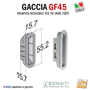 CONTROPIASTRA SERRATURA BONAITI GF45 INCONTRO GACCIA MAGNETICO GF45 PER SERRATURE BONAITI MAGNETICHE A SCROCCO CENTRALE CX SMART - ITA - FORTY REGOLABILE FORI INCLINATI 45 GRADI frontale 59x20mm foro 55 x 16mm