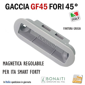 CONTROPIASTRA SERRATURA BONAITI GF45 INCONTRO GACCIA MAGNETICO GF45 PER SERRATURE BONAITI MAGNETICHE A SCROCCO CENTRALE CX SMART - ITA - FORTY REGOLABILE FORI INCLINATI 45 GRADI frontale 59x20mm foro 55 x 16mm grigio 4GF4500045