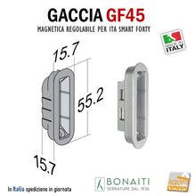 Carica l&#39;immagine nel visualizzatore di Gallery, CONTROPIASTRA SERRATURA BONAITI GF45 INCONTRO GACCIA MAGNETICO GF45 PER SERRATURE BONAITI MAGNETICHE A SCROCCO CENTRALE CX SMART - ITA - FORTY REGOLABILE FORI INCLINATI 45 GRADI frontale 59x20mm foro 55 x 16mm
