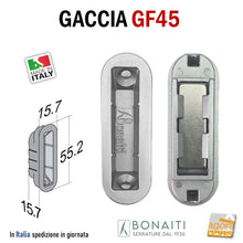 Carica l&#39;immagine nel visualizzatore di Gallery, CONTROPIASTRA SERRATURA BONAITI GF45 INCONTRO GACCIA MAGNETICO GF45 PER SERRATURE BONAITI MAGNETICHE A SCROCCO CENTRALE CX SMART - ITA - FORTY REGOLABILE FORI INCLINATI 45 GRADI frontale 59x20mm foro 55 x 16mm 4GF4500095
