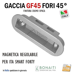 CONTROPIASTRA SERRATURA BONAITI GF45 INCONTRO GACCIA MAGNETICO GF45 PER SERRATURE BONAITI MAGNETICHE A SCROCCO CENTRALE CX SMART - ITA - FORTY REGOLABILE FORI INCLINATI 45 GRADI frontale 59x20mm foro 55 x 16mm cromo opaco