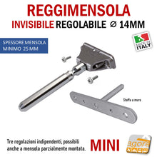 Carica l&#39;immagine nel visualizzatore di Gallery, REGGIMENSOLA A SCOMPARSA REGOLABILE PER MENSOLE SP MIN 25MM MINI STAFFA SUPPORTO PER RIPIANI INVISIBILI TRIADE MINI
