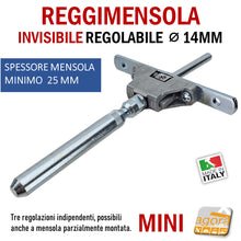 Carica l&#39;immagine nel visualizzatore di Gallery, REGGIMENSOLA A SCOMPARSA REGOLABILE PER MENSOLE SP MIN 25MM MINI STAFFA SUPPORTO PER RIPIANI INVISIBILI TRIADE MINI
