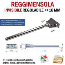 Carica l&#39;immagine nel visualizzatore di Gallery, Reggimensola metallico regolabile per mensola a scomparsa invisibile per muro parete casa ufficio ripiani legno muratura mensola 40 mm 50 mm tre regolazioni diametro 16 mm
