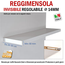 Carica l&#39;immagine nel visualizzatore di Gallery, REGGIMENSOLA  A SCOMPARSA REGOLABILE PER MENSOLE SP.MIN 30 MM REGGIRIPIANO INVISIBILE STAFFA SUPPORTO PER RIPIANI DIAMETRO 14 MM 1pz
