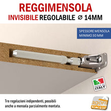 Carica l&#39;immagine nel visualizzatore di Gallery, Reggimensola metallico regolabile per mensola a scomparsa invisibile per muro parete casa ufficio ripiani legno muratura spessore mensola 30 mm
