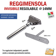 Carica l&#39;immagine nel visualizzatore di Gallery, Reggimensola metallico regolabile per mensola a scomparsa invisibile per muro parete casa ufficio ripiani legno muratura 14mm diametro
