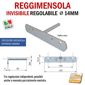 Reggimensola metallico regolabile per mensola a scomparsa invisibile per muro parete casa ufficio ripiani legno muratura mensola 40 mm