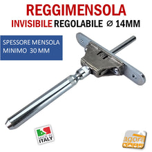 Carica l&#39;immagine nel visualizzatore di Gallery, REGGIMENSOLA  A SCOMPARSA REGOLABILE PER MENSOLE SP.MIN 30 MM REGGIRIPIANO INVISIBILE STAFFA SUPPORTO PER RIPIANI DIAMETRO 14 MM 1pz
