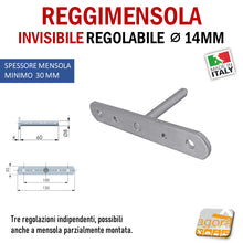 Carica l&#39;immagine nel visualizzatore di Gallery, REGGIMENSOLA  A SCOMPARSA REGOLABILE PER MENSOLE SP.MIN 30 MM REGGIRIPIANO INVISIBILE STAFFA SUPPORTO PER RIPIANI DIAMETRO 14 MM 1pz
