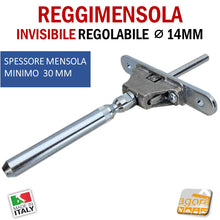 Carica l&#39;immagine nel visualizzatore di Gallery, REGGIMENSOLA  A SCOMPARSA REGOLABILE PER MENSOLE SP.MIN 30 MM REGGIRIPIANO INVISIBILE STAFFA SUPPORTO PER RIPIANI DIAMETRO 14 MM 1pz
