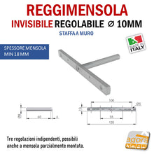 Carica l&#39;immagine nel visualizzatore di Gallery, Reggimensola metallico regolabile per mensola a scomparsa invisibile per muro parete casa ufficio ripiani legno muratura spessore minimo 18 mm diametro 10 mm
