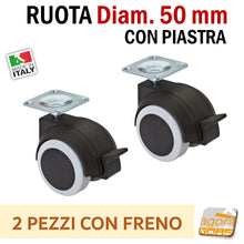 Load image into Gallery viewer, rotelle ruota doppia per mobili girevole con piastra frenata con freno grigia alta portata diametro 50mm d5cm bassa robusta antitraccia antimacchia pavimenti delicati per mobiletti armadietti tavolini design ruote girevoli
