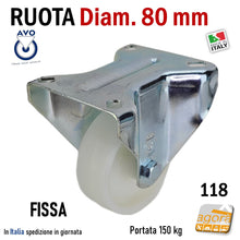 Carica l&#39;immagine nel visualizzatore di Gallery, ruota per carrelli ruote carrelli nylon plastica poliammide 6 AVO aldo valsecchi spa girevoli con piastra freno anteriore diametro 80x30mm D8cm alta portata freno totale fissa supporto medio mozzo su cuscinetti a sfera serie industria 118 fissa
