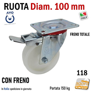 ruota per carrelli ruote carrelli nylon plastica poliammide 6 AVO aldo valsecchi spa girevoli con piastra 100x85 freno anteriore diametro 100x30mm 10cm alta portata girevole con freno totale supporto medio mozzo su ciscinetti a sfera serie industria 118BISANT