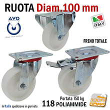 Carica l&#39;immagine nel visualizzatore di Gallery, ruota per carrelli ruote carrelli nylon plastica poliammide 6 AVO aldo valsecchi spa girevoli con piastra freno anteriore diametro 100x30mm 10cm alta portata freno totale fissa supporto medio mozzo su ciscinetti a sfera serie industria 118
