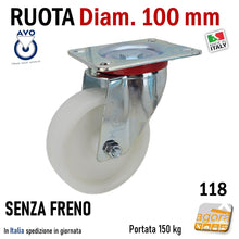 Carica l&#39;immagine nel visualizzatore di Gallery, ruota per carrelli ruote carrelli nylon plastica poliammide 6 AVO aldo valsecchi spa girevoli con piastra 100x85 senza freno diametro 100x30mm 10cm alta portata girevole con freno totale supporto medio mozzo su ciscinetti a sfera serie industria 118BIS
