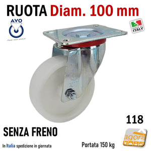 ruota per carrelli ruote carrelli nylon plastica poliammide 6 AVO aldo valsecchi spa girevoli con piastra 100x85 senza freno diametro 100x30mm 10cm alta portata girevole con freno totale supporto medio mozzo su ciscinetti a sfera serie industria 118BIS