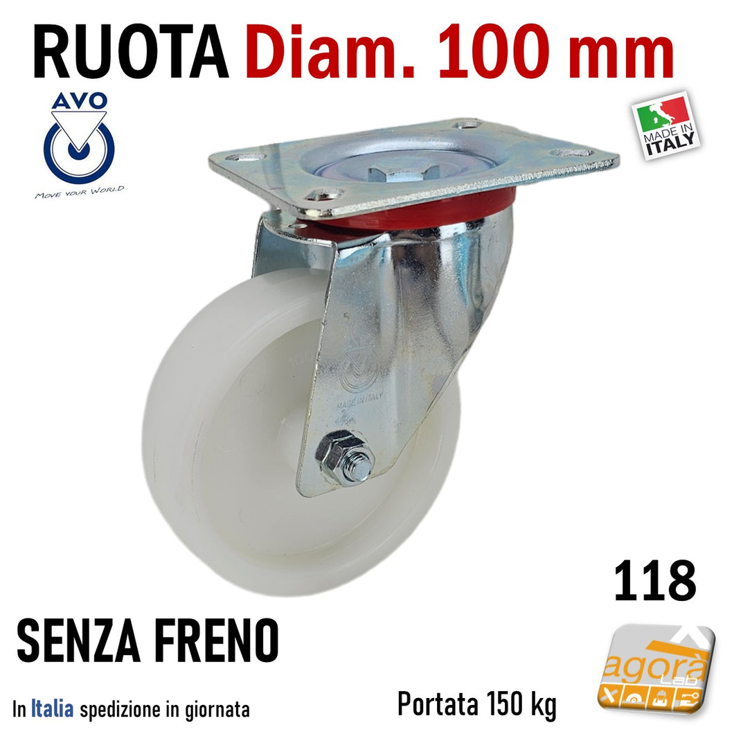 ruota per carrelli ruote carrelli nylon plastica poliammide 6 AVO aldo valsecchi spa girevoli con piastra 100x85 senza freno diametro 100x30mm 10cm alta portata girevole con freno totale supporto medio mozzo su ciscinetti a sfera serie industria 118BIS