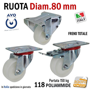 ruota per carrelli ruote carrelli nylon plastica poliammide 6 AVO aldo valsecchi spa girevoli con piastra freno anteriore diametro 80x30mm D8cm alta portata freno totale fissa supporto medio mozzo su cuscinetti a sfera serie industria 118