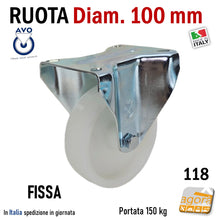 Carica l&#39;immagine nel visualizzatore di Gallery, ruota per carrelli ruote carrelli nylon plastica poliammide 6 AVO aldo valsecchi spa girevoli con piastra 100x85 fissa diametro 100x30mm 10cm alta portata supporto medio mozzo su ciscinetti a sfera serie industria 118B
