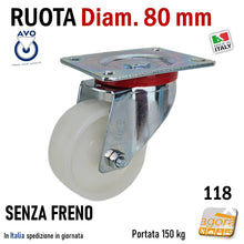 Carica l&#39;immagine nel visualizzatore di Gallery, ruota per carrelli ruote carrelli nylon plastica poliammide 6 AVO aldo valsecchi spa girevoli con piastra freno anteriore diametro 80x30mm D8cm alta portata freno totale fissa supporto medio mozzo su cuscinetti a sfera serie industria 118 senza freno
