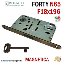 Carica l&#39;immagine nel visualizzatore di Gallery, SERRATURA PER PORTA BONAITI F18X196 Modello N65 CHIAVE PATENT BRONZO LUCIDO Entrata 50 Interasse 90 anticato bronzata FORTY frontale 196mm 19,6cm
