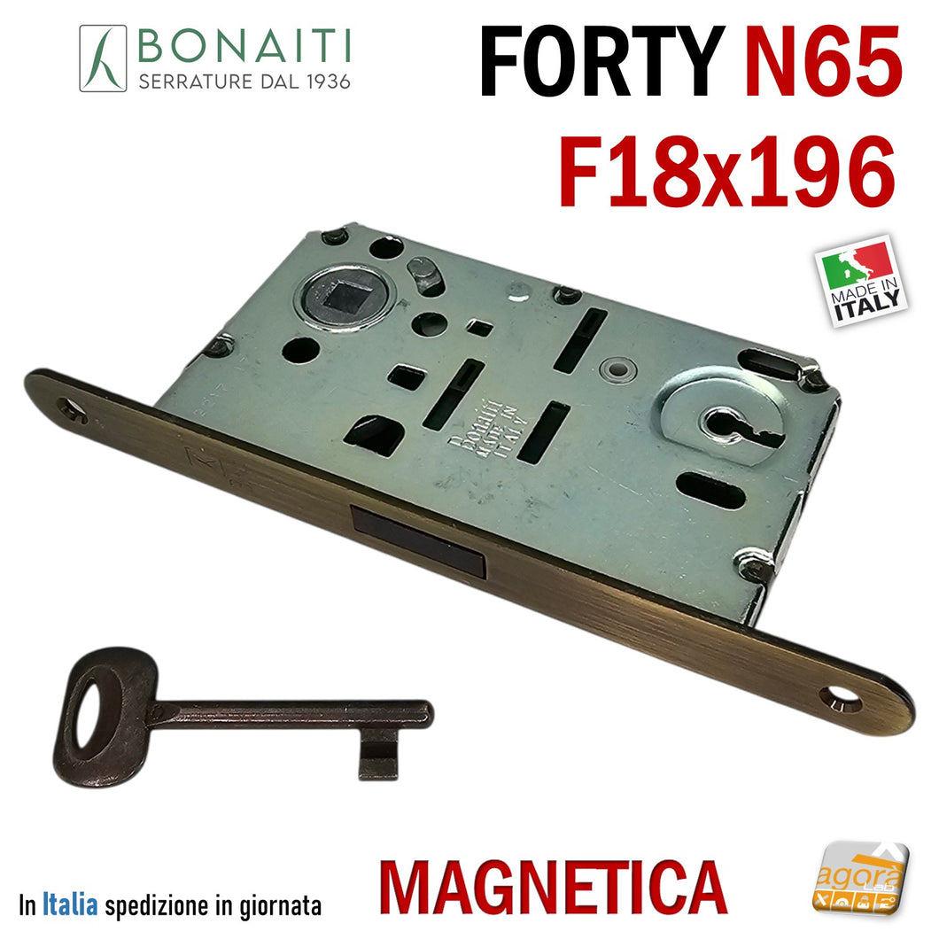 SERRATURA PER PORTA BONAITI F18X196 Modello N65 CHIAVE PATENT BRONZO LUCIDO Entrata 50 Interasse 90 anticato bronzata FORTY frontale 196mm 19,6cm