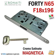 Carica l&#39;immagine nel visualizzatore di Gallery, SERRATURA PER PORTA BONAITI F18X196 Modello N65 CHIAVE PATENT CROMO SATINATO Entrata 50 Interasse 90 CROMATA SATINATA FORTY frontale 196mm 19,6cm LINGUETTA NERA SCROCCO NERO
