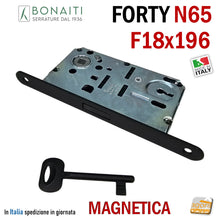 Carica l&#39;immagine nel visualizzatore di Gallery, SERRATURA PORTA INTERNA MAGNETICA BONAITI FORTY N65 FRONTALE 18X196MM F 19,6CM ENTRATA 5CM INTERASSE 9CM PATENT CHIAVE NORMALE SCROCCO CENTRALE 48N65150 NERA NERO OPACO
