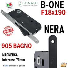 Load image into Gallery viewer, SERRATURA PORTA INTERNA MAGNETICA B-ONE BONAITI S905 BAGNO WC FRONTALE 18X190MM E50 INT70 NERO MATT BLACK NERA DOOR LOCK METAL interasse 7cm doppio quadro 6x6 8x8 48905050KE
