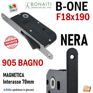 SERRATURA PORTA INTERNA MAGNETICA B-ONE BONAITI S905 BAGNO WC FRONTALE 18X190MM E50 INT70 NERO MATT BLACK NERA DOOR LOCK METAL interasse 7cm doppio quadro 6x6 8x8 48905050KE