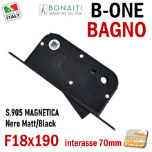 Carica l&#39;immagine nel visualizzatore di Gallery, MAGNETIC INTERNAL DOOR LOCK B-ONE BONAITI S905 BATHROOM WC FRONT PANEL 18X190MM E50 INT70 MATT BLACK BLACK 7cm centre distance double square 6x6 8x8 489050KE
